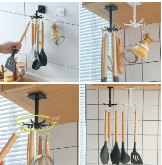 Easy-Install 360° Rotating Kitchen Hook - Self-Adhesive No-Drill Wall Mount for Utensils, Pots & Spoons - Expandable Storage Rack